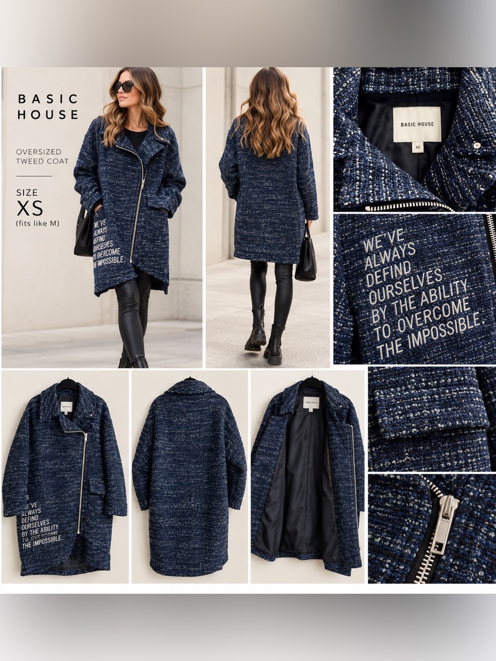 Basic House Blue Tweed Oversize, Long Fit Coat Size XS (fits like medium)